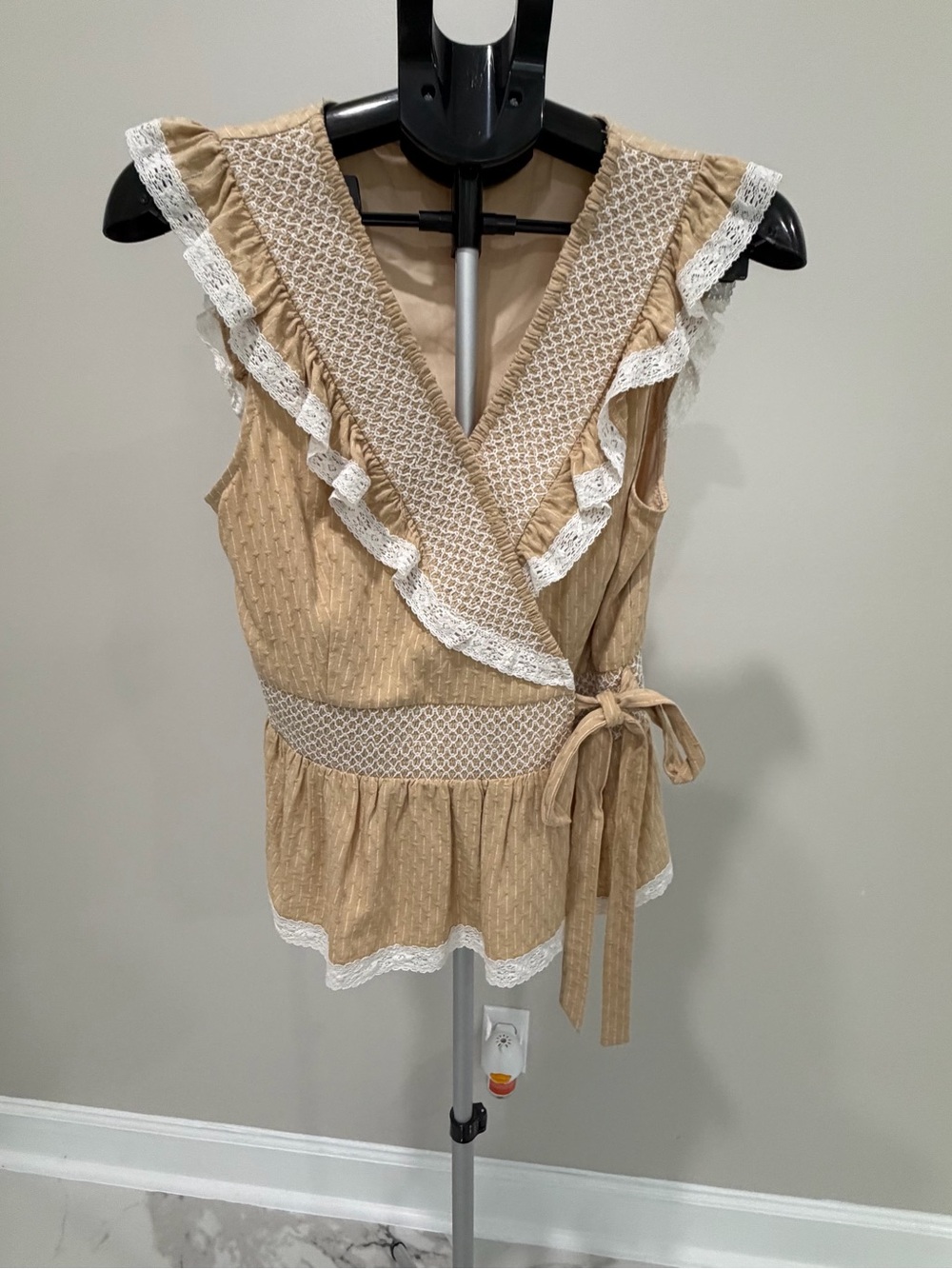Doe & Rae Tan Wrap Tank with White Lace Trim